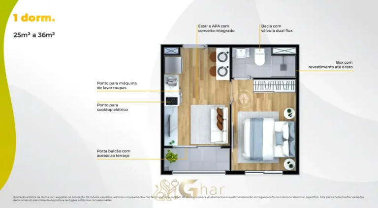 Planta do apartamento de 1 dormitório com 36 m² em apartamentos no bairro do Butantã, São Paulo