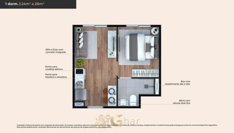 Planta do apartamento de 1 dormitório de 26 m² em apartamentos no bairro do Campo Belo, São Paulo