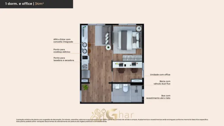 Planta do apartamento de 1 dormitório com office de 34 m² em condomínio residencial no bairro do Campo Belo, na Zona Sul de São Paulo