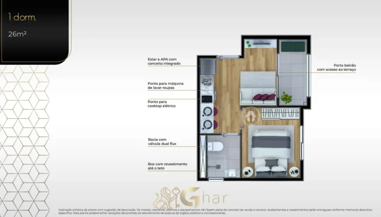 Planta de apartamento de 1 dormitório com 26 m² em apartamentos no bairro da Lapa, São Paulo