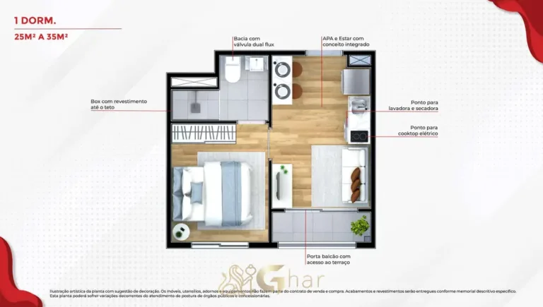 Planta do apartamento 1 dormitório de 35,10 m² em condomínio residencial no bairro da Penha, na Zona Leste de São Paulo