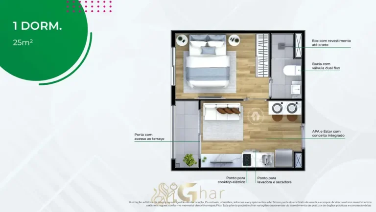 Planta do apartamento de 1 dormitório de 25 m² do condomínio Metrocasa Estação Sacomã no bairro do Sacomã, São Paulo