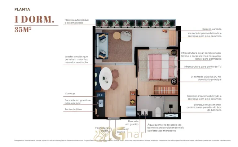 Planta do apartamento de 1 dormitório de 35 m² do condomínio Moema Jazz no bairro de Moema, São Paulo