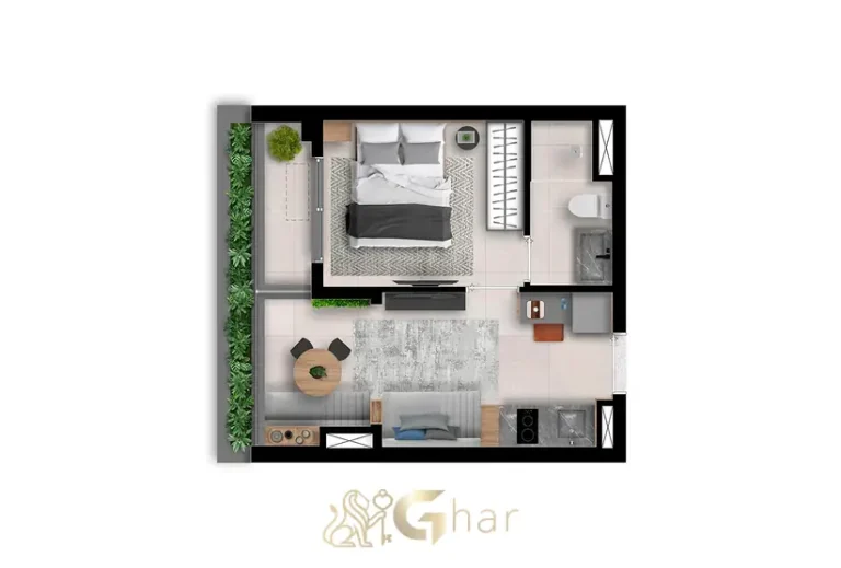 Planta completa do apartamento de 1 dormitório em condomínio residencial no bairro de Moema, na Zona Sul de São Paulo