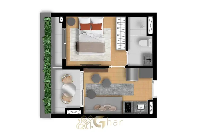 Planta do apartamento de 1 dormitório com 30 m² do condomínio Nex One Jurupis no bairro de Moema, São Paulo