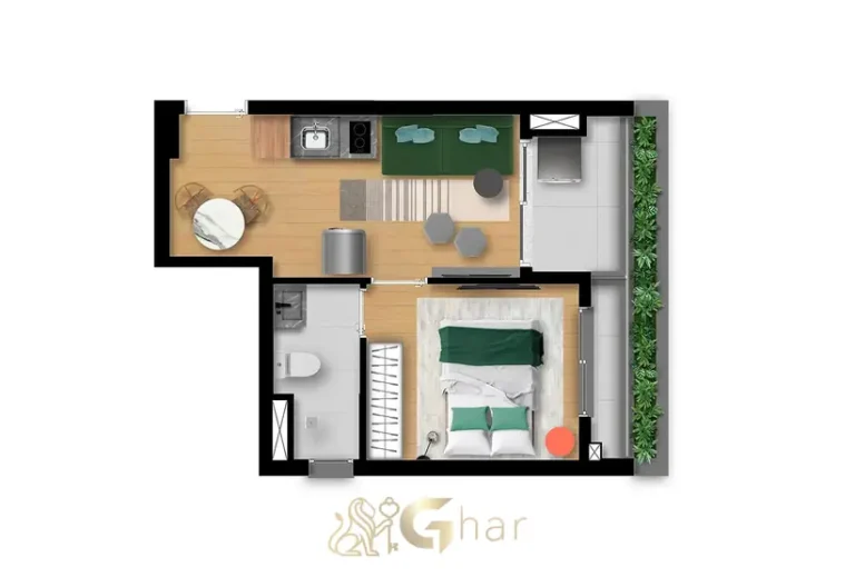 Planta do apartamento de 1 dormitório com 32 m² em apartamentos no bairro de Moema, São Paulo