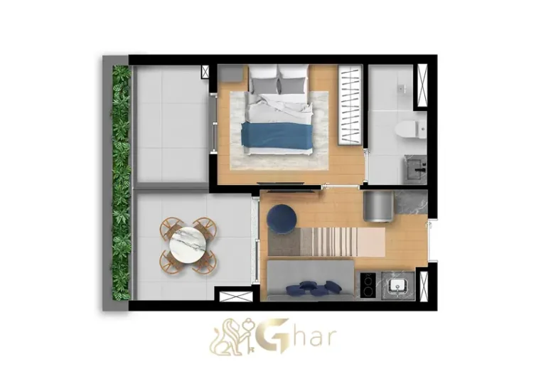 Planta alternativa do apartamento de 1 dormitório com 32 m² em condomínio residencial no bairro de Moema, na Zona Sul de São Paulo