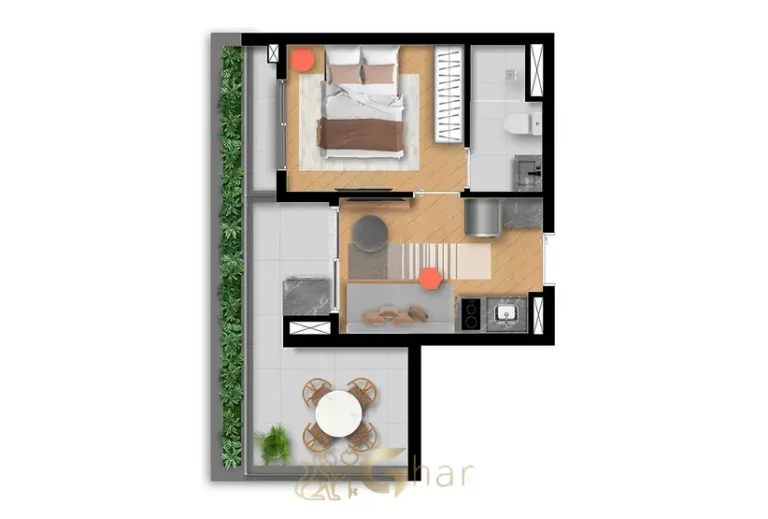 Planta do apartamento de 1 dormitório com 35 m² do condomínio Nex One Jurupis no bairro de Moema, São Paulo