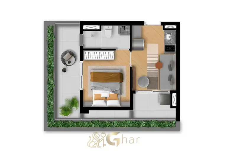 Planta do apartamento de 1 dormitório com 39 m² em apartamentos no bairro de Moema, São Paulo
