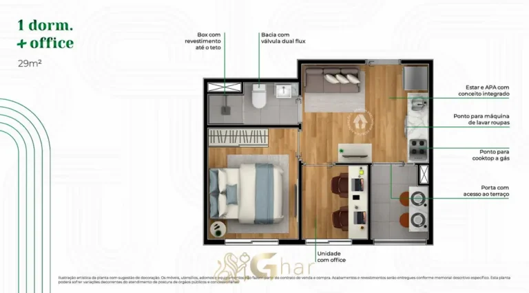 Planta do apartamento de 1 dormitório + office em apartamentos no bairro do Alto do Ipiranga, São Paulo