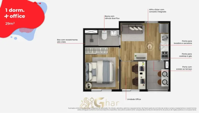 Planta do apartamento 1 dormitório mais office de 29 m² em apartamentos no bairro de Artur Alvim, São Paulo