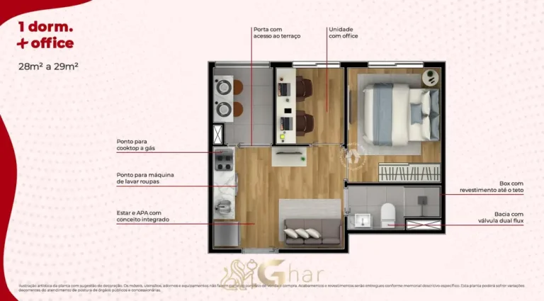 Planta do apartamento 1 dormitório + office de 29 m² em apartamentos no bairro de Itaquera, São Paulo