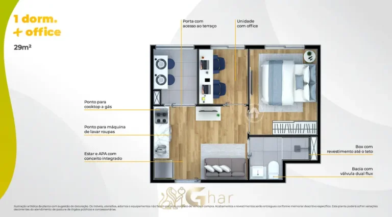 Planta do apartamento de 1 dormitório com office e 29 m² do condomínio Metrocasa Butantã no bairro do Butantã, São Paulo