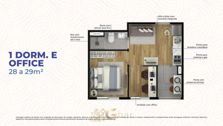 Planta do apartamento de 1 dormitório com office de 29 m² em apartamentos no bairro do Cambuci, São Paulo