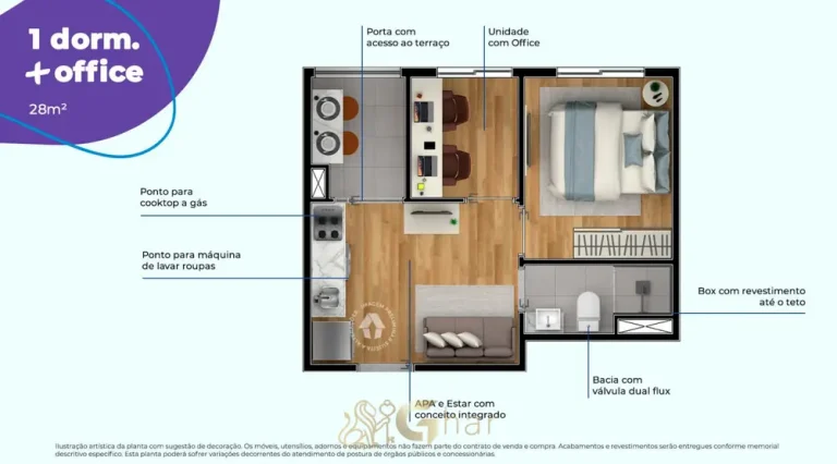 Planta do apartamento de 1 dormitório + office de 28 m² em apartamentos no bairro do Capão Redondo, São Paulo