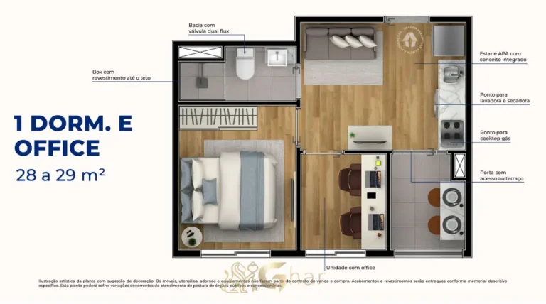 Planta do apartamento de 1 dormitório com office de 29 m² em apartamentos no bairro do Jardim Jabaquara, São Paulo