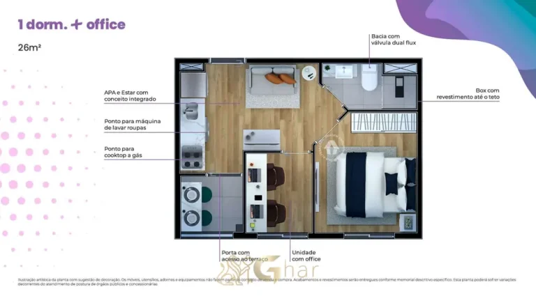 Planta do apartamento de 1 dormitório com office em condomínio residencial no bairro da Vila das Belezas, na Zona Sul de São Paulo