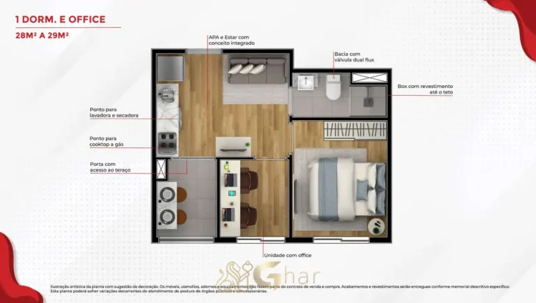 Planta do apartamento 1 dormitório + office de 29,20 m² em apartamentos no bairro da Penha, São Paulo