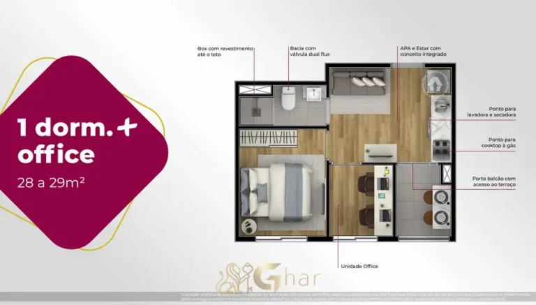 Planta do apartamento de 1 dormitório com office de 29 m² em condomínio residencial no bairro de Pirituba, na Zona Norte de São Paulo