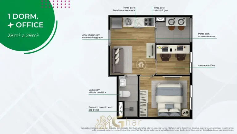 Planta do apartamento de 1 dormitório com office de 29 m² em condomínio residencial no bairro do Sacomã, na Zona Sul de São Paulo