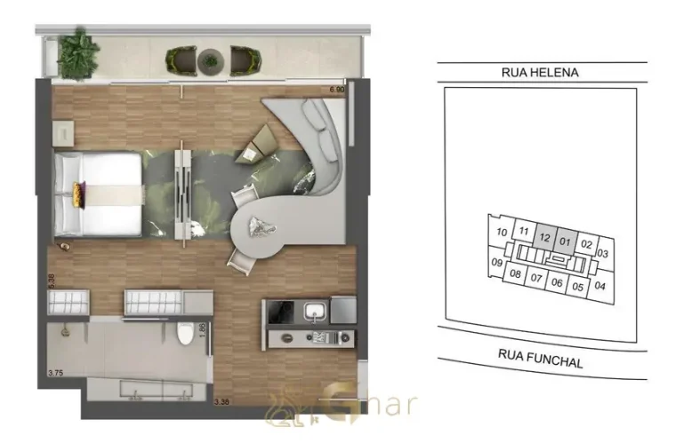 Planta do apartamento de 1 dormitório de 68 m² do condomínio W Residences São Paulo no bairro da Vila Olímpia, São Paulo