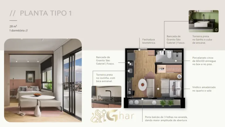 Planta do apartamento de 1 dormitório do condomínio Zenion no bairro da Vila Olímpia, São Paulo