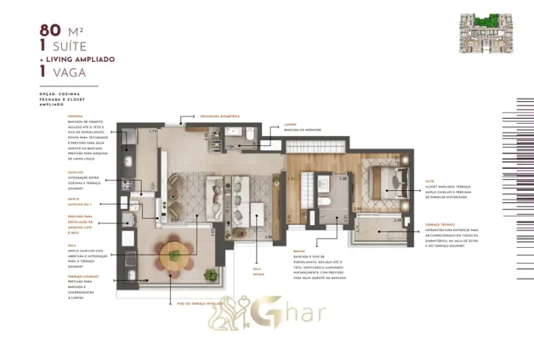 Planta alternativa do apartamento de 80 m² em condomínio residencial no bairro de Moema, na Zona Sul de São Paulo