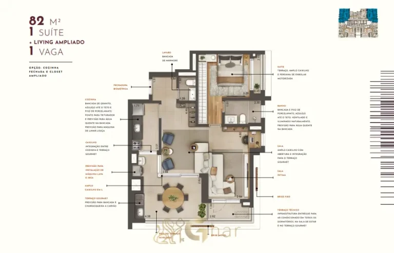 Planta alternativa do apartamento de 82 m² em apartamentos no bairro de Moema, São Paulo