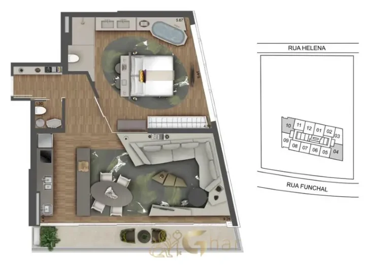 Planta detalhada do apartamento de 1 suíte em apartamentos no bairro da Vila Olímpia, São Paulo
