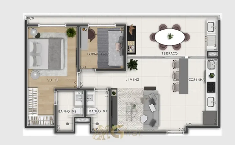 Planta do apartamento de 2 dormitórios sendo 1 suíte com 67 m² em apartamentos no bairro de Moema, São Paulo