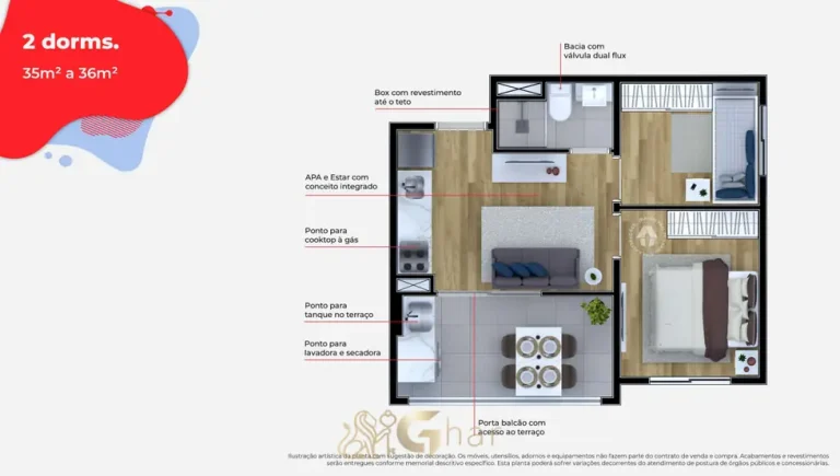 Planta do apartamento 2 dormitórios de 36 m² em apartamentos no bairro de Artur Alvim, São Paulo