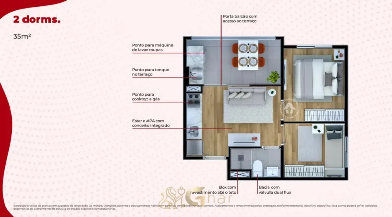 Planta do apartamento de 2 dormitórios de 35 m² em apartamentos no bairro de Itaquera, São Paulo