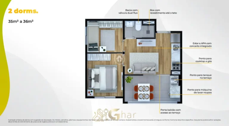 Planta do apartamento de 2 dormitórios com 36 m² do condomínio Metrocasa Butantã no bairro do Butantã, São Paulo