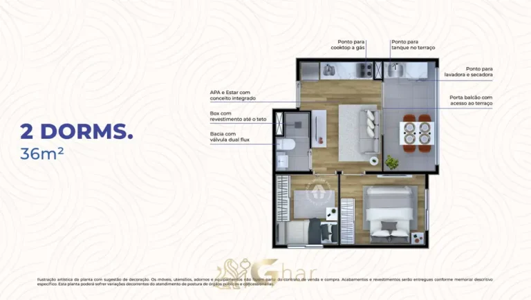 Planta do apartamento de 2 dormitórios de 36 m² em apartamentos no bairro do Cambuci, São Paulo
