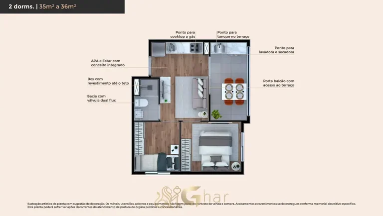Planta do apartamento de 2 dormitórios de 36 m² do condomínio Metrocasa Campo Belo no bairro do Campo Belo, São Paulo