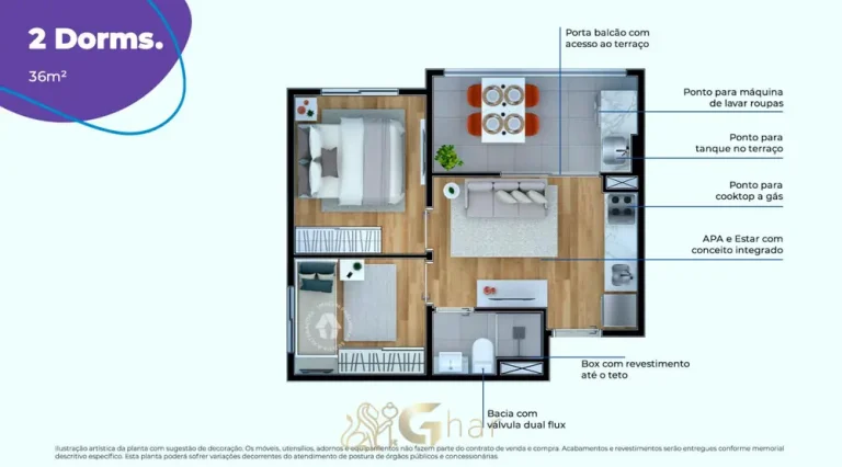 Planta do apartamento de 2 dormitórios de 36 m² em apartamentos no bairro do Capão Redondo, São Paulo