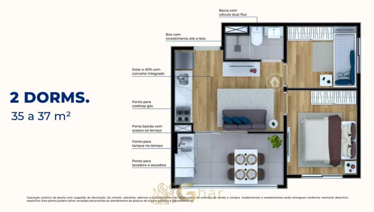 Planta do apartamento de 2 dormitórios de 37 m² em condomínio residencial no bairro do Jardim Jabaquara, na Zona Sul de São Paulo
