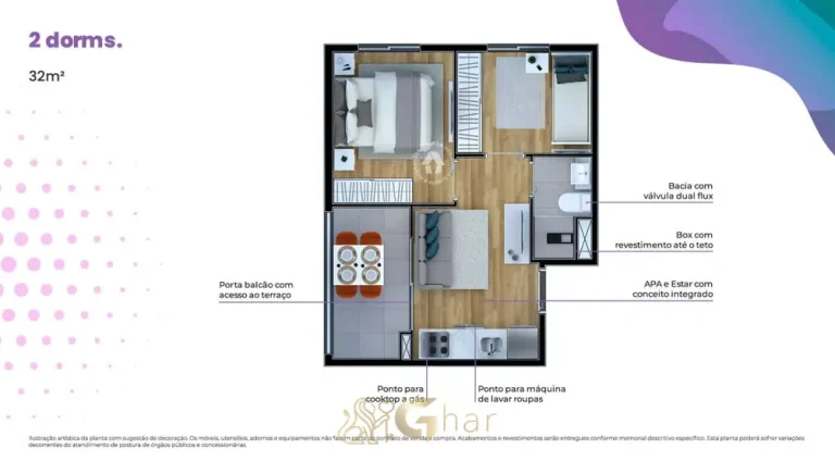 Planta do apartamento de 2 dormitórios do condomínio Metrocasa Estação Giovanni Gronchi no bairro da Vila das Belezas, São Paulo