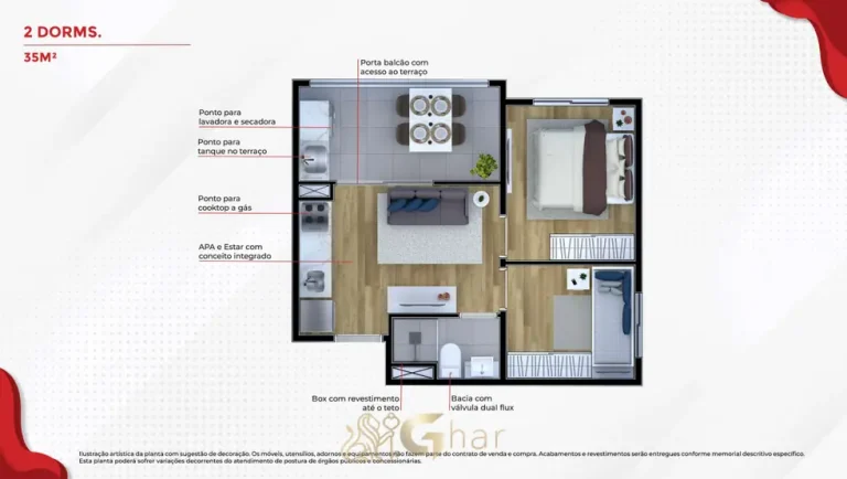 Planta do apartamento 2 dormitórios de 35,44 m² do condomínio Metrocasa Estação Penha no bairro da Penha, São Paulo