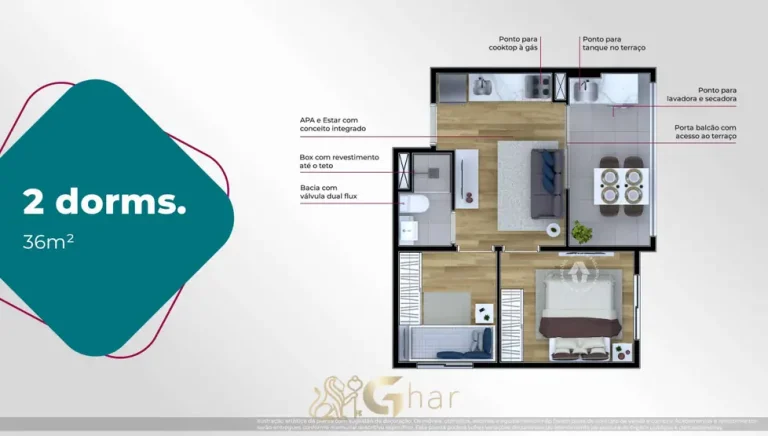 Planta do apartamento de 2 dormitórios de 36 m² em condomínio residencial no bairro de Pirituba, na Zona Norte de São Paulo