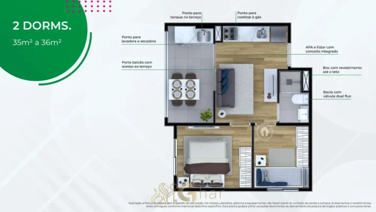 Planta do apartamento de 2 dormitórios de 36 m² em condomínio residencial no bairro do Sacomã, na Zona Sul de São Paulo
