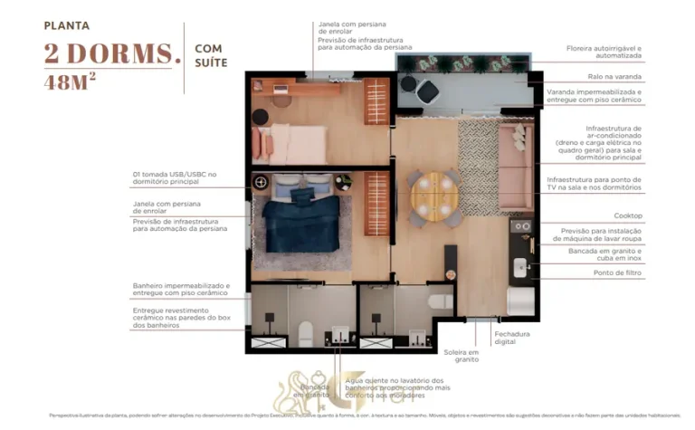 Planta do apartamento de 2 dormitórios com suíte de 48 m² em apartamentos no bairro de Moema, São Paulo