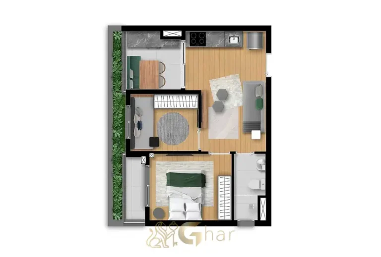 Planta do apartamento de 2 dormitórios com 42 m² em condomínio residencial no bairro de Moema, na Zona Sul de São Paulo