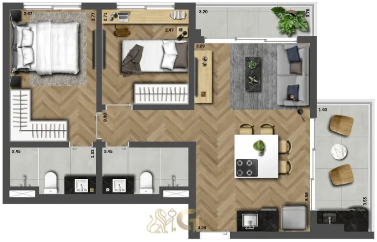 A planta do apartamento de 2 dormitórios de 60 m² em apartamentos no bairro de Moema, São Paulo