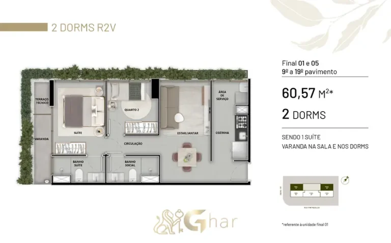 Planta do apartamento de 2 dormitórios – 60 m² do condomínio Pintassilgo 336 no bairro de Moema, São Paulo