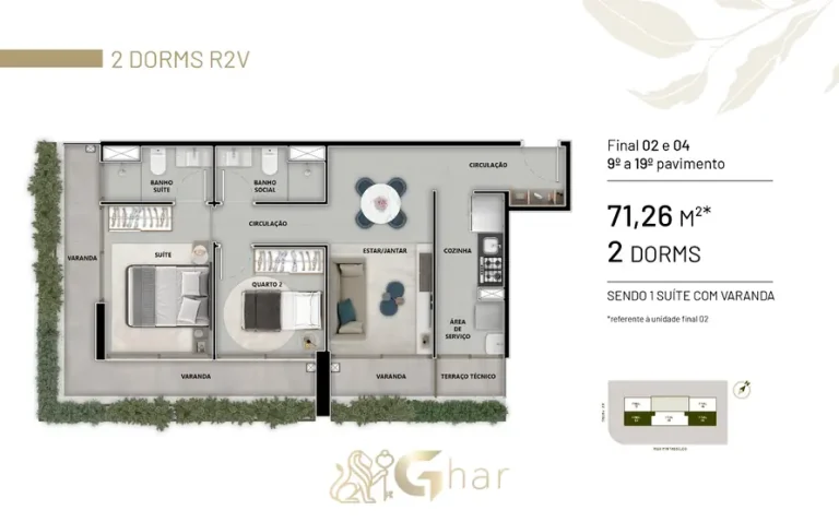 Planta do apartamento de 2 dormitórios – 71 m² em condomínio residencial no bairro de Moema, na Zona Sul de São Paulo