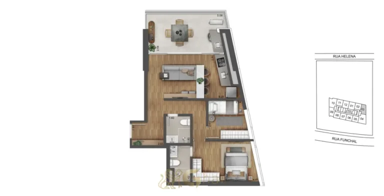 Planta do apartamento de 2 dormitórios de 73 m² em apartamentos no bairro da Vila Olímpia, São Paulo