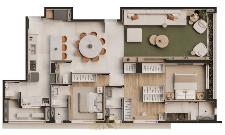 Planta de 2 suítes de 124 m² em condomínio residencial no bairro de Moema, na Zona Sul de São Paulo