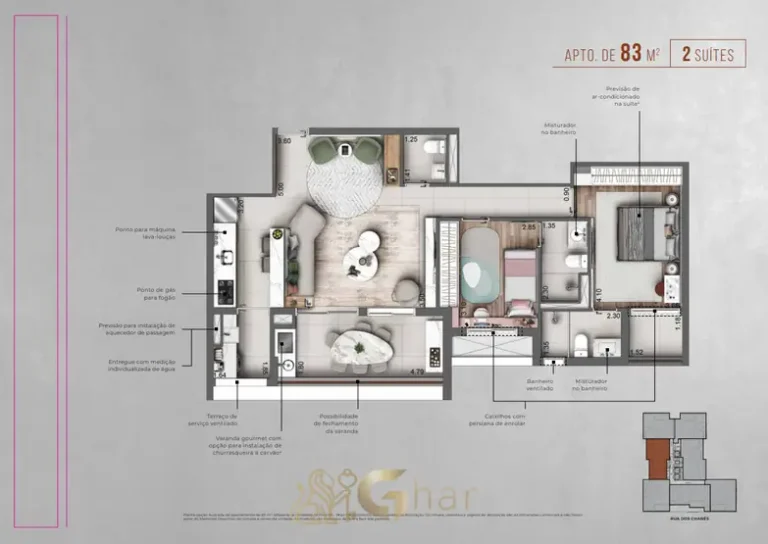 Planta do apartamento de 83 m² com 2 suítes em apartamentos no bairro de Moema, São Paulo