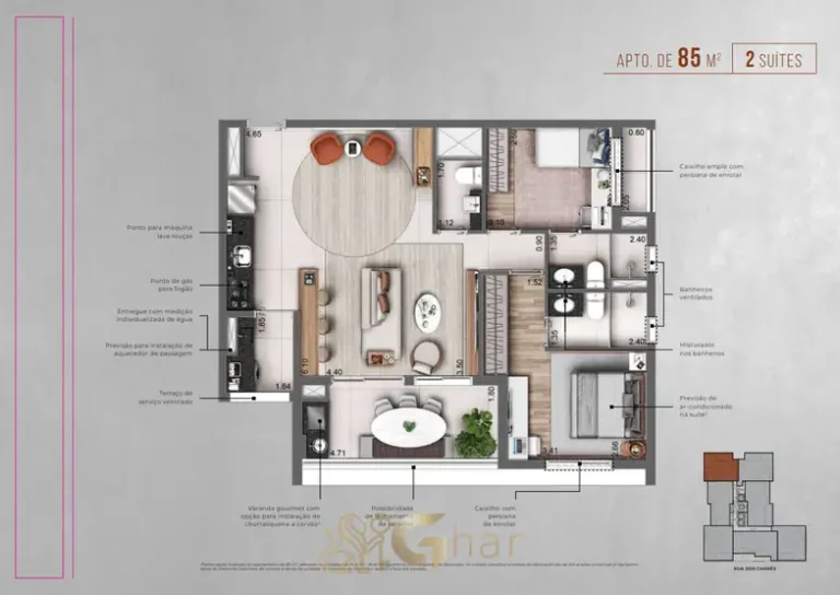 Planta do apartamento de 85 m² com 2 suítes em apartamentos no bairro de Moema, São Paulo
